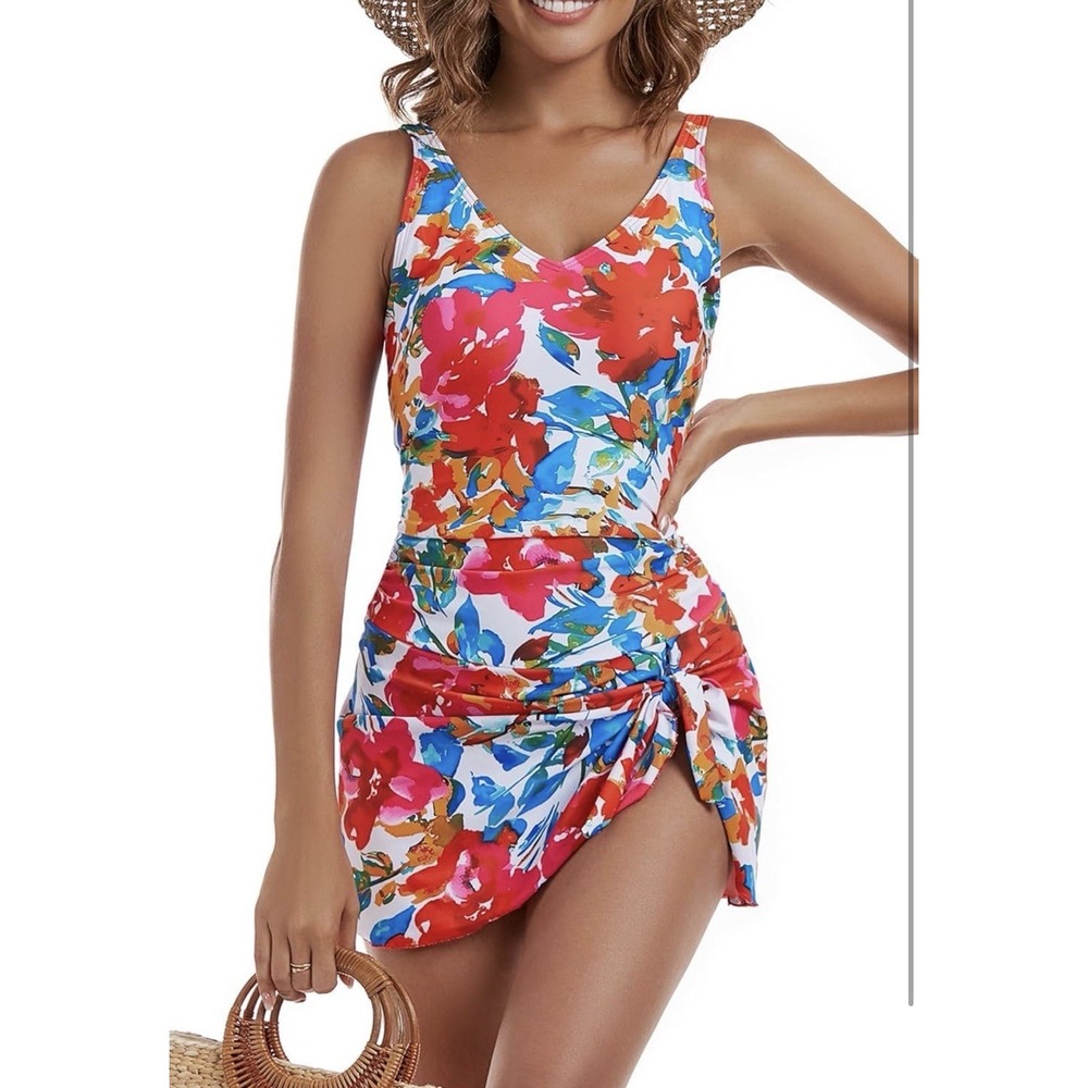 Aidonger One Piece Swim Dress Womens SMALL Tummy Control Skirt Floral Ruched - Picture 5 of 10